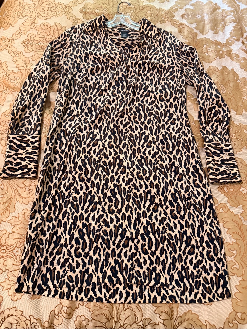Nine West Silk Leopard Print Long Sleeve Dress, Black,Brown,Tan, Qtr Button Sz 4 - Picture 12 of 14